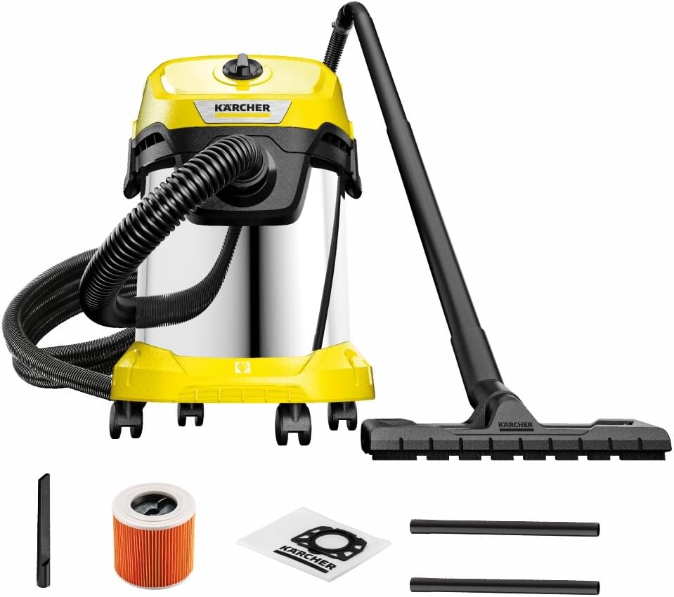 KÄRCHER Aspirateur Eau et Poussières WD 3 S V-17/4/20, Filtre Cartouche, Sachet Ouate, 1000 W, Cuve en Acier Inoxydable : 17 l, Tube d'Aspiration : 2 m, Fonction Soufflerie, Suceur Sol/Fentes Hydrolab France