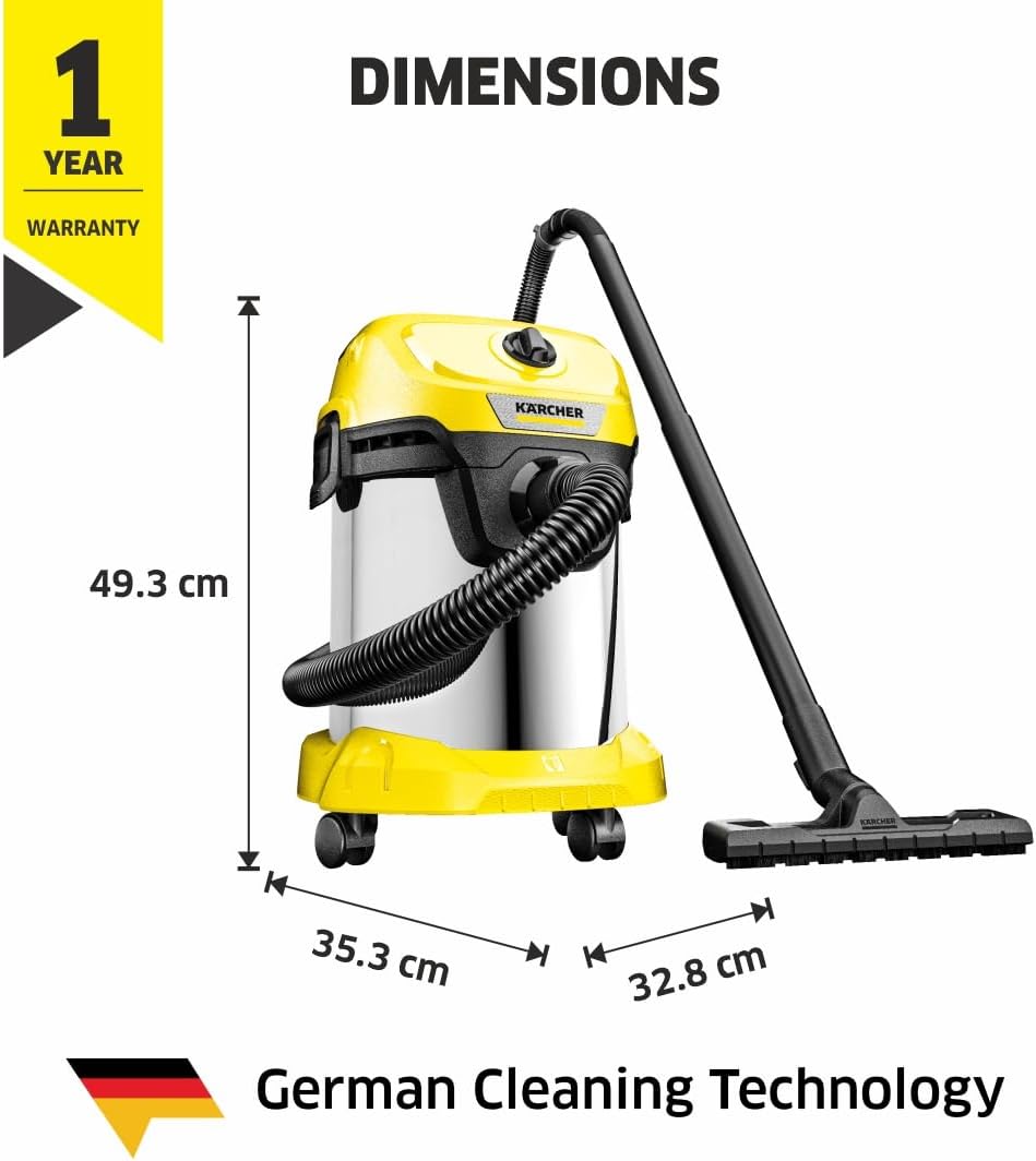 KÄRCHER Aspirateur Eau et Poussières WD 3 S V-17/4/20, Filtre Cartouche, Sachet Ouate, 1000 W, Cuve en Acier Inoxydable : 17 l, Tube d'Aspiration : 2 m, Fonction Soufflerie, Suceur Sol/Fentes Hydrolab France
