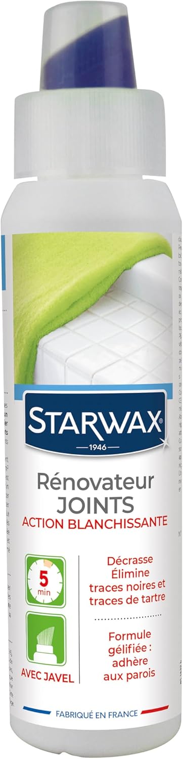 STARWAX Rénovateur joints action blanchissante à la Javel 250ml | Gel avec brosse intégrée, élimine traces noires et moisissures sur joints de carrelage silicone plastique et acrylique Hydrolab France