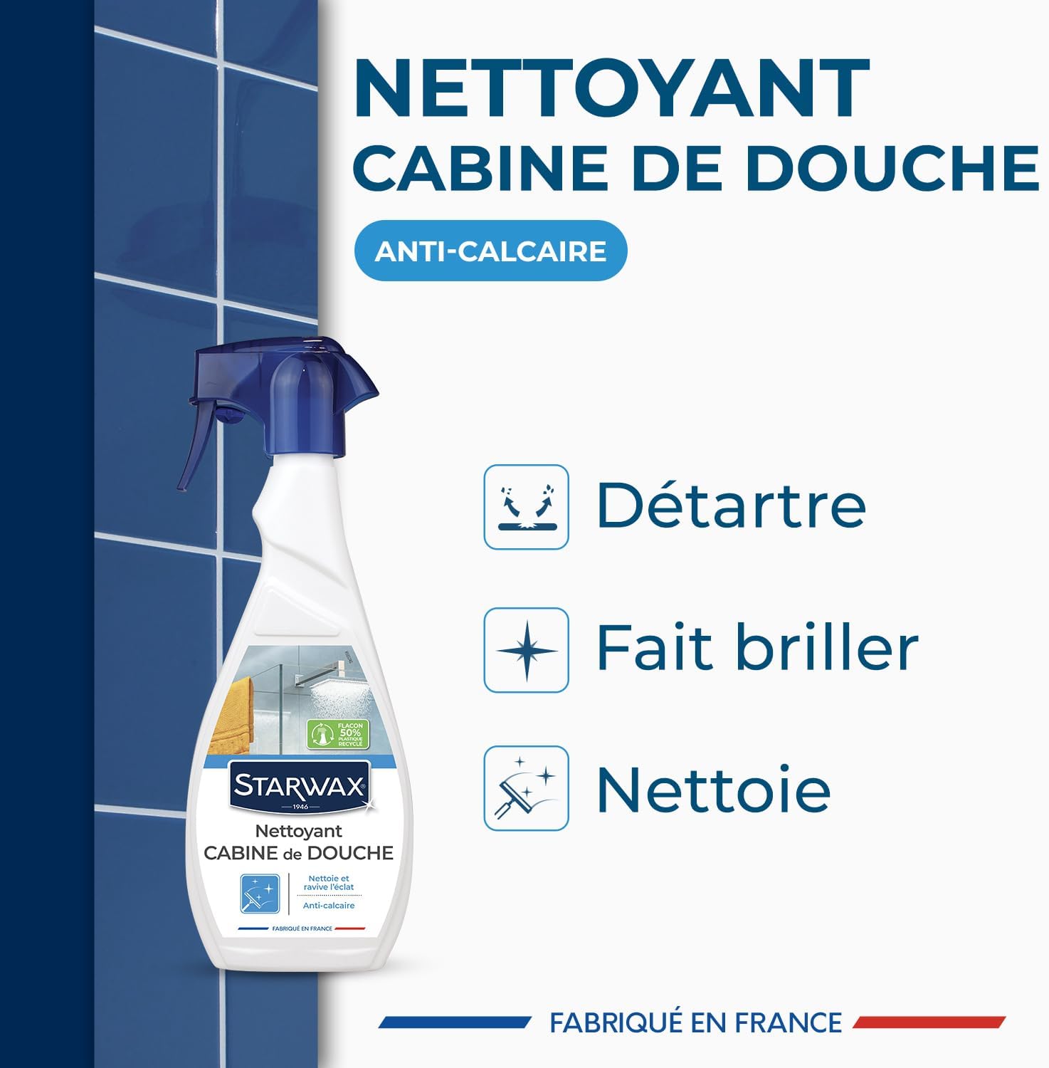 STARWAX Nettoyant Anti-calcaire pour Cabine de Douche 500ml | Nettoie élimine le calcaire et fait briller bac de douche pare-douche robinetterie et carrelage mural, ne raye pas Hydrolab France