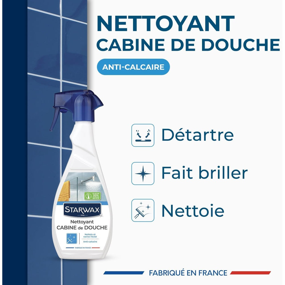 STARWAX Nettoyant Anti-calcaire pour Cabine de Douche 500ml | Nettoie élimine le calcaire et fait briller bac de douche pare-douche robinetterie et carrelage mural, ne raye pas Hydrolab France