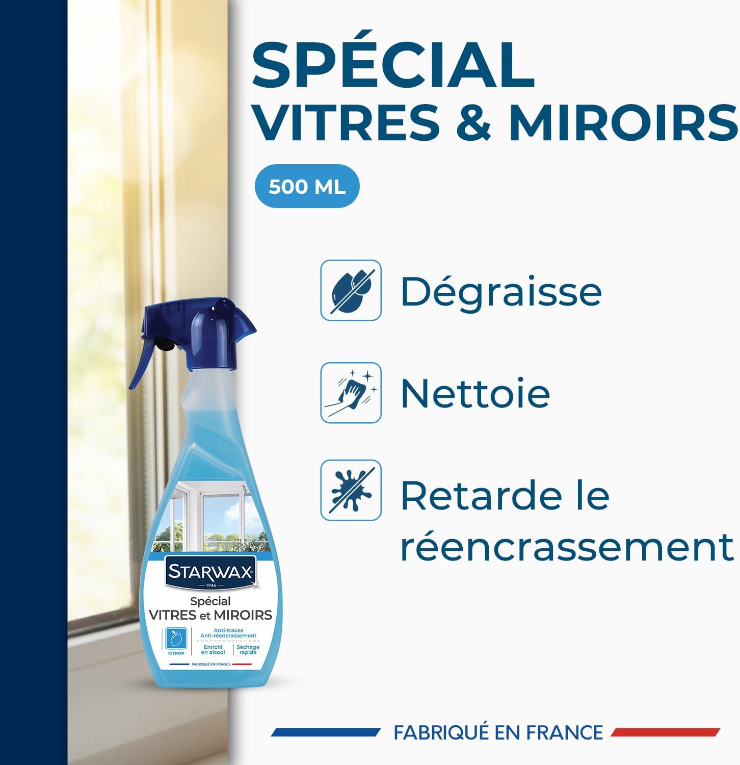 STARWAX Nettoyant spécial vitres et miroirs 500ml | Nettoie vitres miroirs et pare-brises sans trace, séchage rapide, anti-réencrassement, parfum verveine citron Hydrolab France