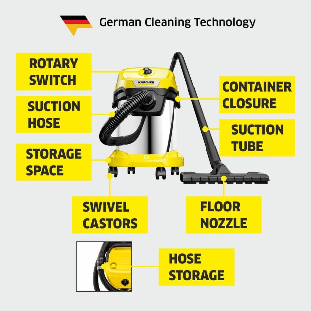 KÄRCHER Aspirateur Eau et Poussières WD 3 S V-17/4/20, Filtre Cartouche, Sachet Ouate, 1000 W, Cuve en Acier Inoxydable : 17 l, Tube d'Aspiration : 2 m, Fonction Soufflerie, Suceur Sol/Fentes Hydrolab France