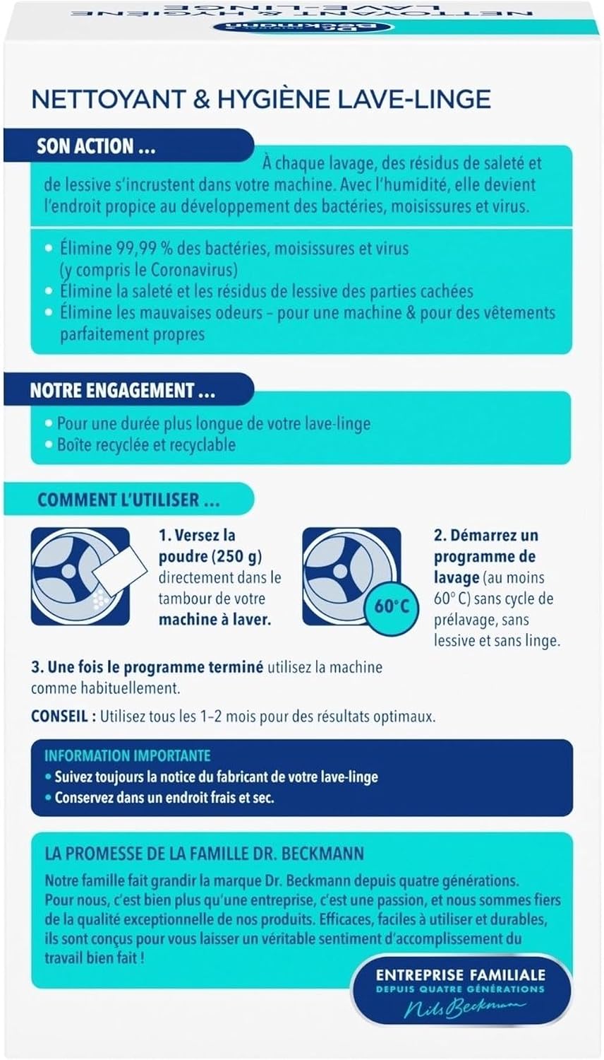 Dr. Beckmann Nettoyant & Hygiène Lave-Linge | Désinfecte et élimine durablement les mauvaises odeurs | 250g (lot de 1) Hydrolab France