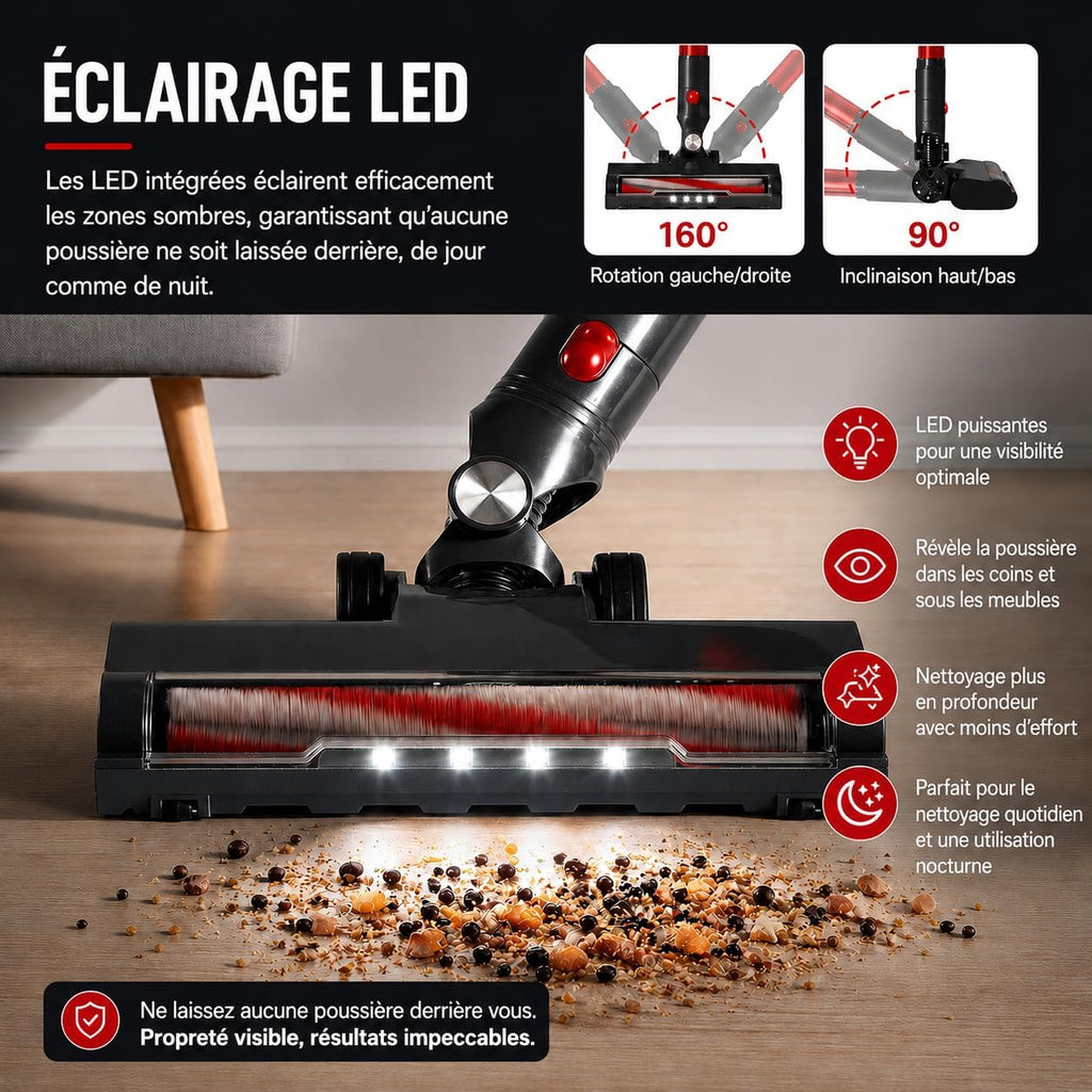 Aspirateur Balai sans Fil, 49 Min / Tube Télescopique / Léger / Filtre HEPA | Aspirateur Balai 4-en-1, 150 W / 2 Vitesses / Brosse LED / Ultra Léger / 1 L, pour Tapis, Sols Durs, Poils d’Animaux,Voiture Hydrolab France