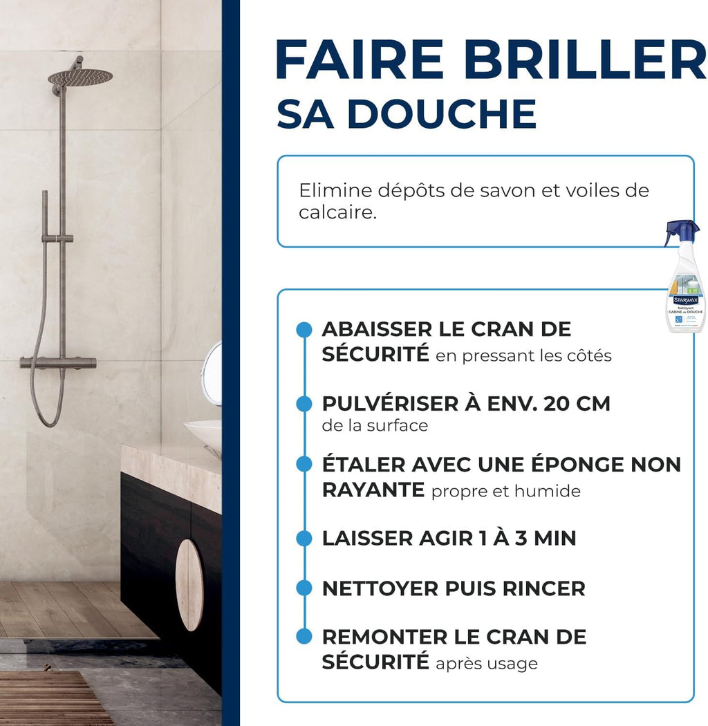 STARWAX Nettoyant Anti-calcaire pour Cabine de Douche 500ml | Nettoie élimine le calcaire et fait briller bac de douche pare-douche robinetterie et carrelage mural, ne raye pas Hydrolab France