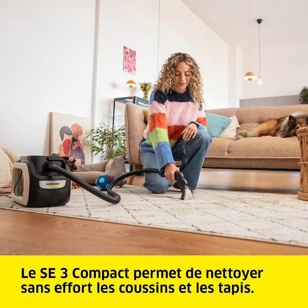 KÄRCHER Shampouineuse SE 3 Compact, Aspiration : 500W, Réservoir Eau : 1,7L, Surface : 2,76m2, Poids : 4,1kg, Flexible d'Aspiration, Buses de Lavage : Tissus et Fentes Hydrolab France