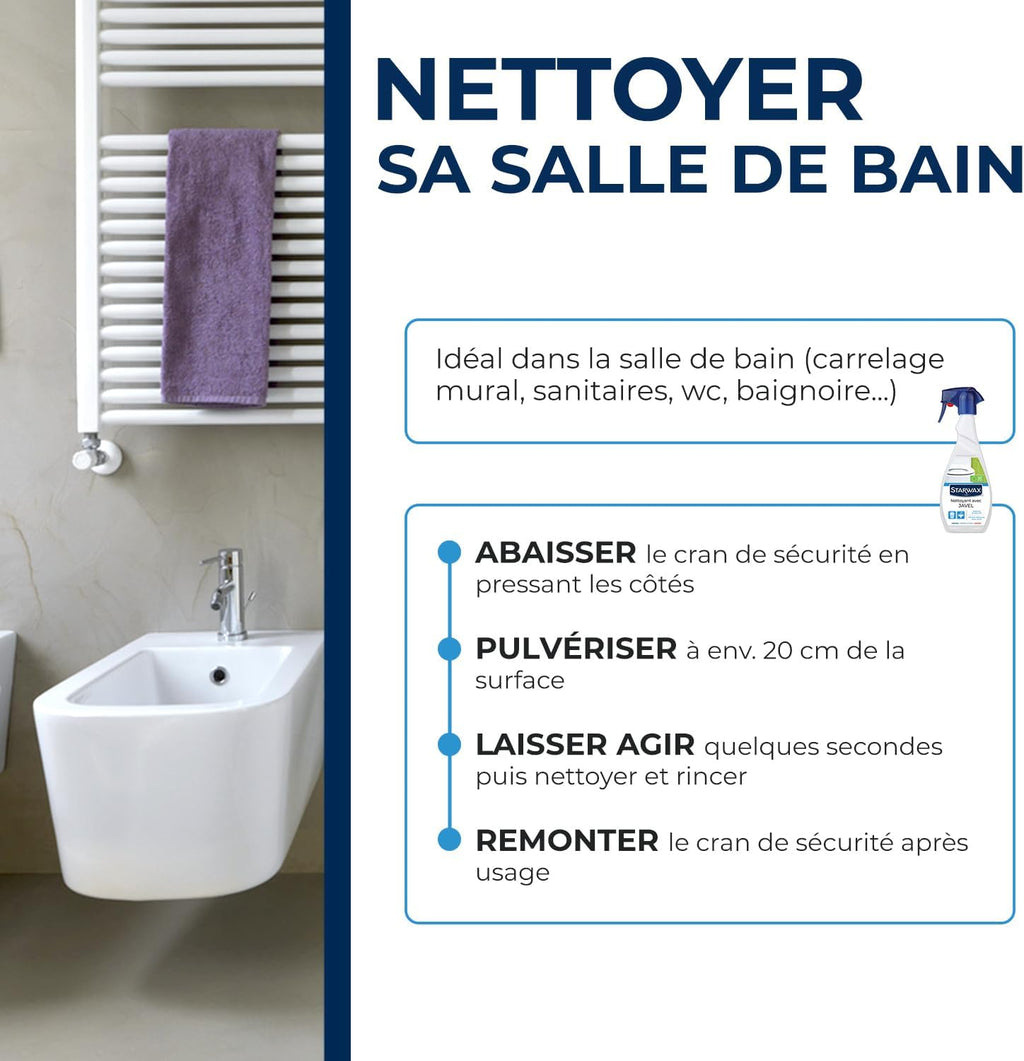 STARWAX - Nettoyant javel pour salle de bain - Nettoie et dégraisse - Action blanchissante et détachante - Pulvérisateur - 500ml | Élimine salissures et traces de savon sur carrelage mural sanitaires WC et baignoire, action blanchissante et détachante Hydrolab France