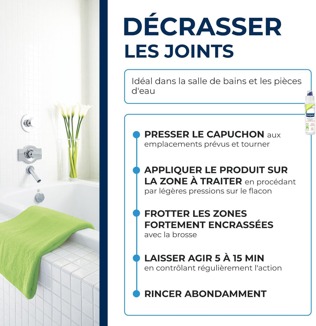 STARWAX Rénovateur joints action blanchissante à la Javel 250ml | Gel avec brosse intégrée, élimine traces noires et moisissures sur joints de carrelage silicone plastique et acrylique Hydrolab France