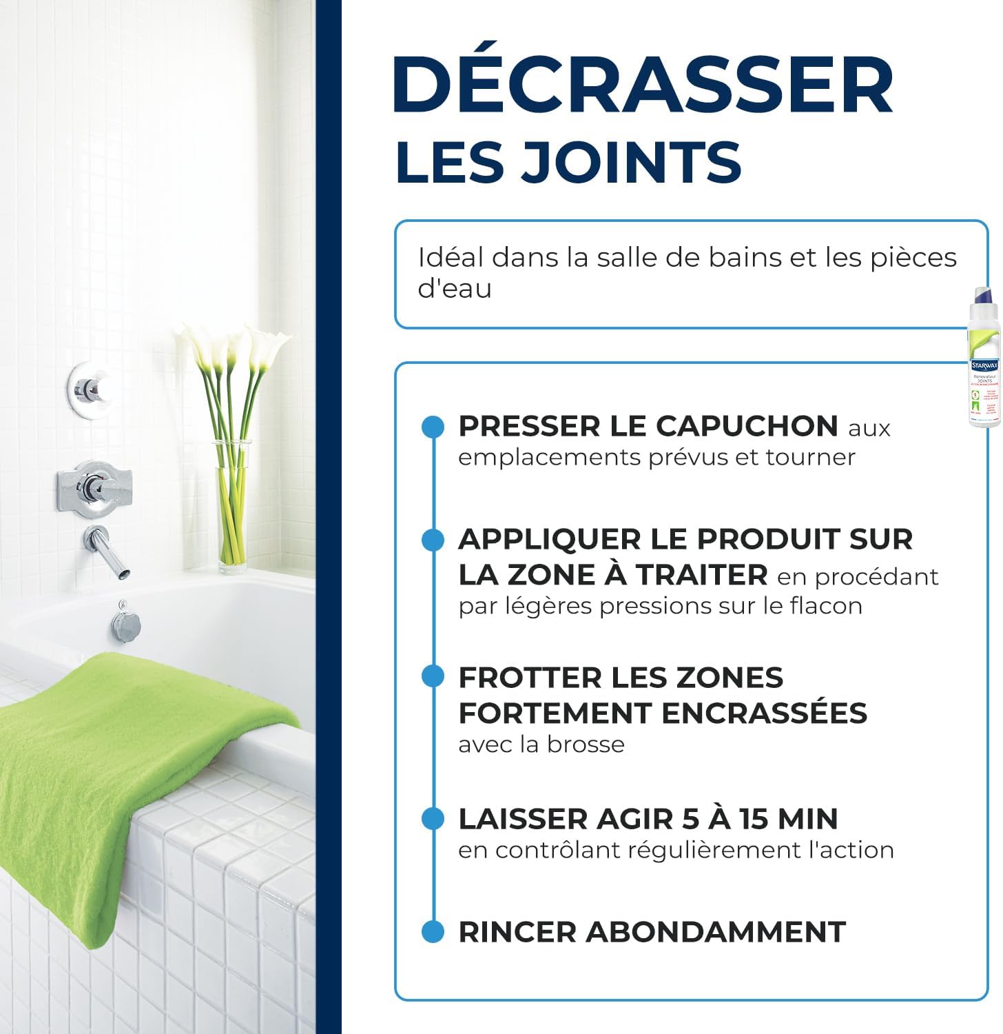 STARWAX Rénovateur joints action blanchissante à la Javel 250ml | Gel avec brosse intégrée, élimine traces noires et moisissures sur joints de carrelage silicone plastique et acrylique Hydrolab France