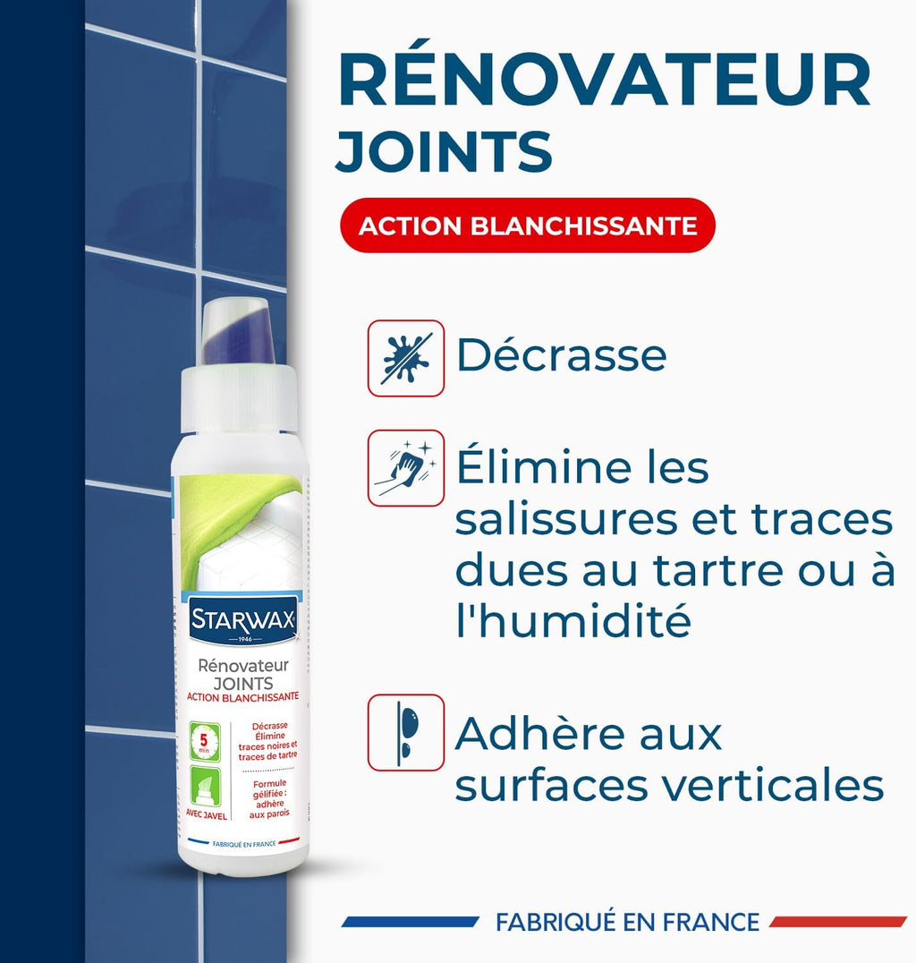 STARWAX Rénovateur joints action blanchissante à la Javel 250ml | Gel avec brosse intégrée, élimine traces noires et moisissures sur joints de carrelage silicone plastique et acrylique Hydrolab France