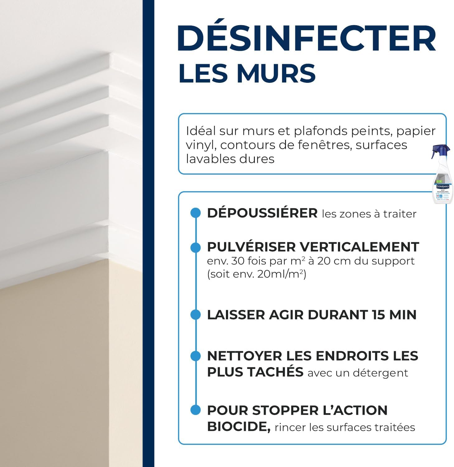 STARWAX Anti-moisissures pour murs et pièces à vivre 500ml | Élimine moisissures sur plafonds et contours de fenêtres, sans javel, ne décolore pas, action en 15 min, rendement 15m² Hydrolab France