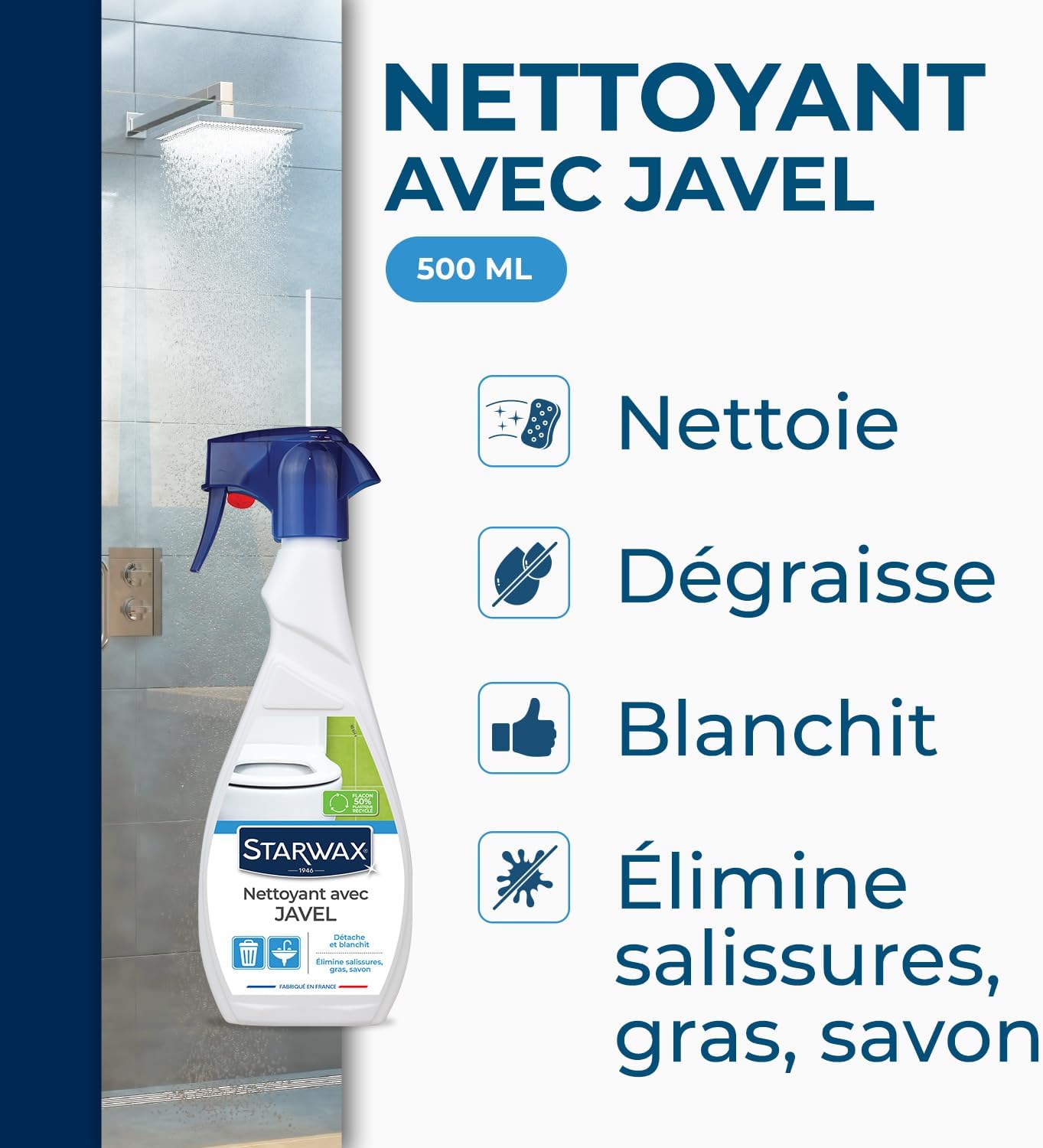STARWAX - Nettoyant javel pour salle de bain - Nettoie et dégraisse - Action blanchissante et détachante - Pulvérisateur - 500ml | Élimine salissures et traces de savon sur carrelage mural sanitaires WC et baignoire, action blanchissante et détachante Hydrolab France