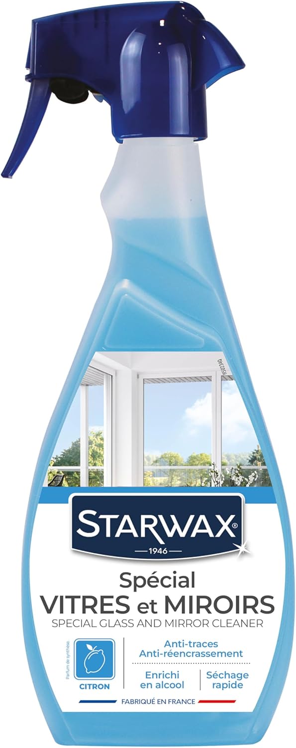 STARWAX Nettoyant spécial vitres et miroirs 500ml | Nettoie vitres miroirs et pare-brises sans trace, séchage rapide, anti-réencrassement, parfum verveine citron Hydrolab France