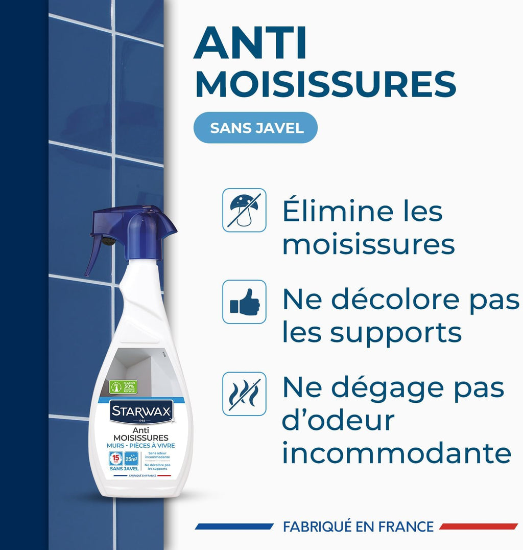 STARWAX Anti-moisissures pour murs et pièces à vivre 500ml | Élimine moisissures sur plafonds et contours de fenêtres, sans javel, ne décolore pas, action en 15 min, rendement 15m² Hydrolab France