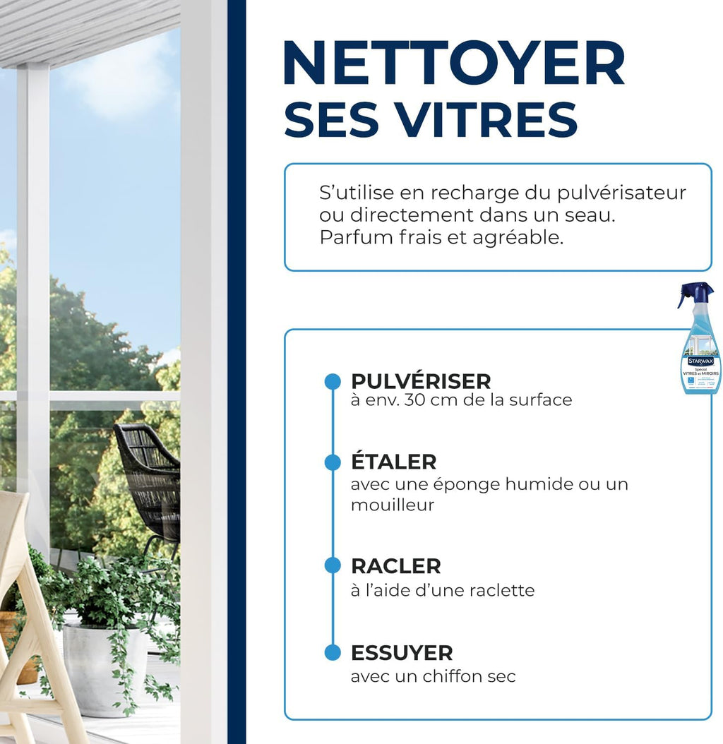 STARWAX Nettoyant spécial vitres et miroirs 500ml | Nettoie vitres miroirs et pare-brises sans trace, séchage rapide, anti-réencrassement, parfum verveine citron Hydrolab France