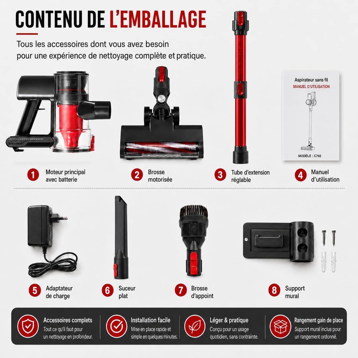 Aspirateur Balai sans Fil, 49 Min / Tube Télescopique / Léger / Filtre HEPA | Aspirateur Balai 4-en-1, 150 W / 2 Vitesses / Brosse LED / Ultra Léger / 1 L, pour Tapis, Sols Durs, Poils d’Animaux,Voiture Hydrolab France