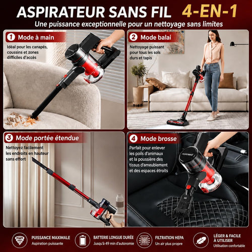 Aspirateur Balai sans Fil, 49 Min / Tube Télescopique / Léger / Filtre HEPA | Aspirateur Balai 4-en-1, 150 W / 2 Vitesses / Brosse LED / Ultra Léger / 1 L, pour Tapis, Sols Durs, Poils d’Animaux,Voiture Hydrolab France