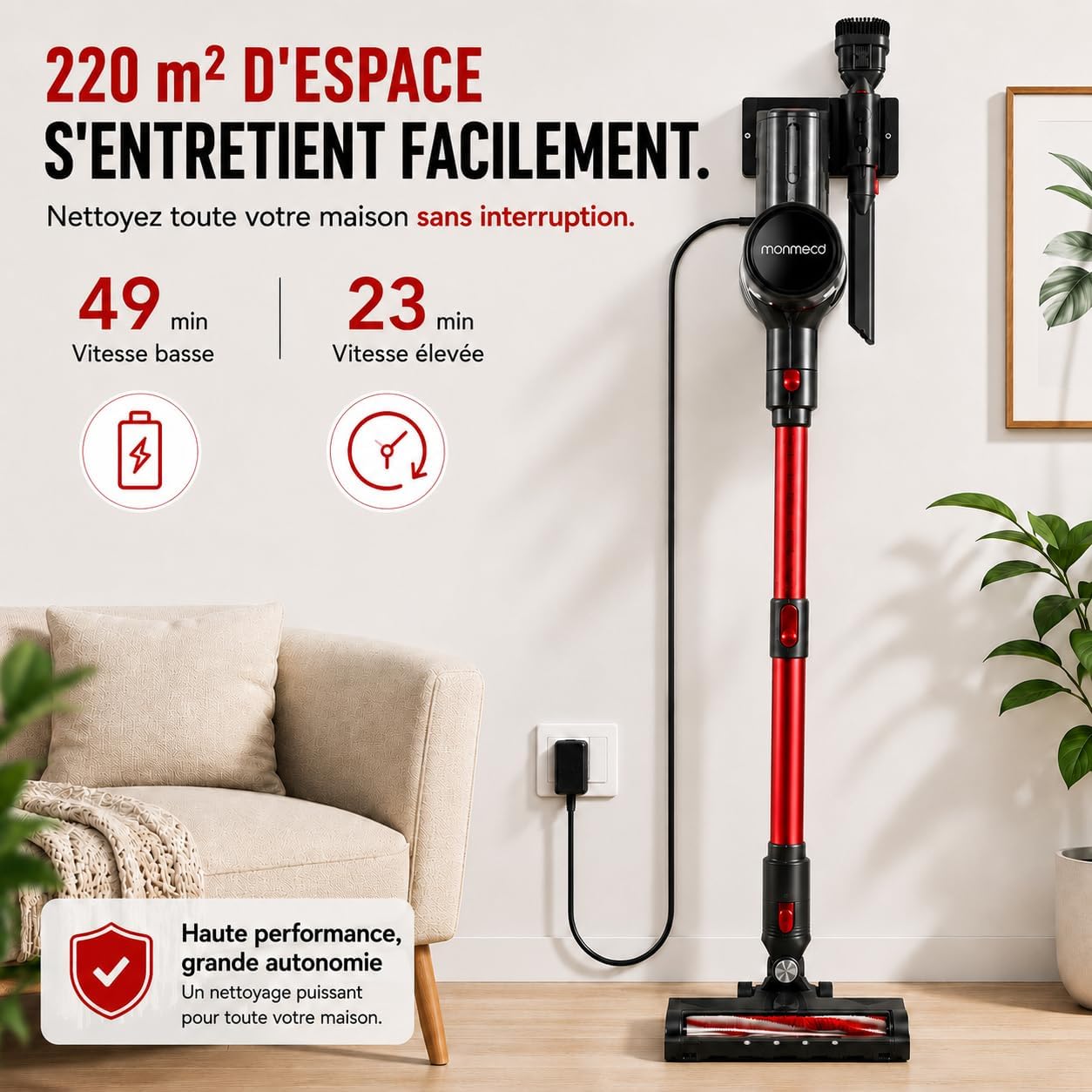 Aspirateur Balai sans Fil, 49 Min / Tube Télescopique / Léger / Filtre HEPA | Aspirateur Balai 4-en-1, 150 W / 2 Vitesses / Brosse LED / Ultra Léger / 1 L, pour Tapis, Sols Durs, Poils d’Animaux,Voiture Hydrolab France