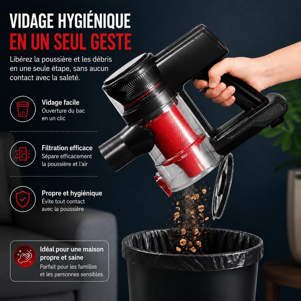 Aspirateur Balai sans Fil, 49 Min / Tube Télescopique / Léger / Filtre HEPA | Aspirateur Balai 4-en-1, 150 W / 2 Vitesses / Brosse LED / Ultra Léger / 1 L, pour Tapis, Sols Durs, Poils d’Animaux,Voiture Hydrolab France