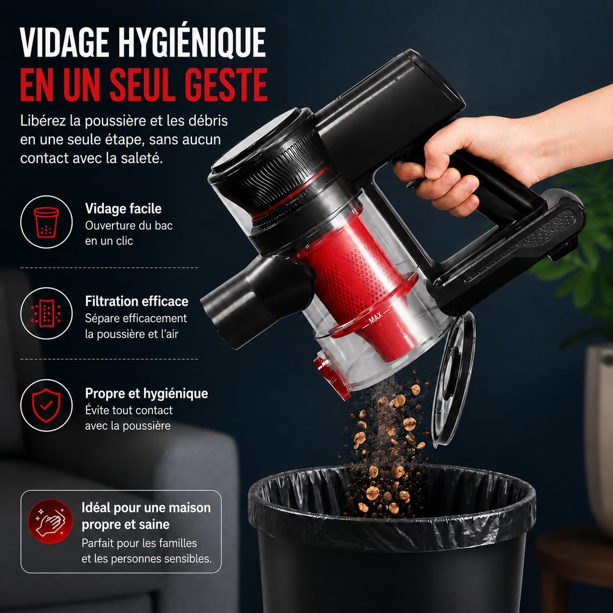 Aspirateur Balai sans Fil, 49 Min / Tube Télescopique / Léger / Filtre HEPA | Aspirateur Balai 4-en-1, 150 W / 2 Vitesses / Brosse LED / Ultra Léger / 1 L, pour Tapis, Sols Durs, Poils d’Animaux,Voiture Hydrolab France