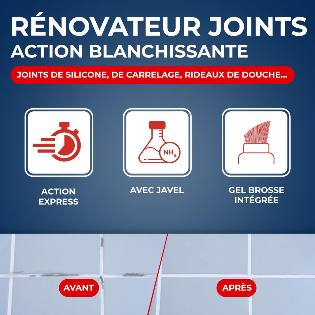STARWAX Rénovateur joints action blanchissante à la Javel 250ml | Gel avec brosse intégrée, élimine traces noires et moisissures sur joints de carrelage silicone plastique et acrylique Hydrolab France