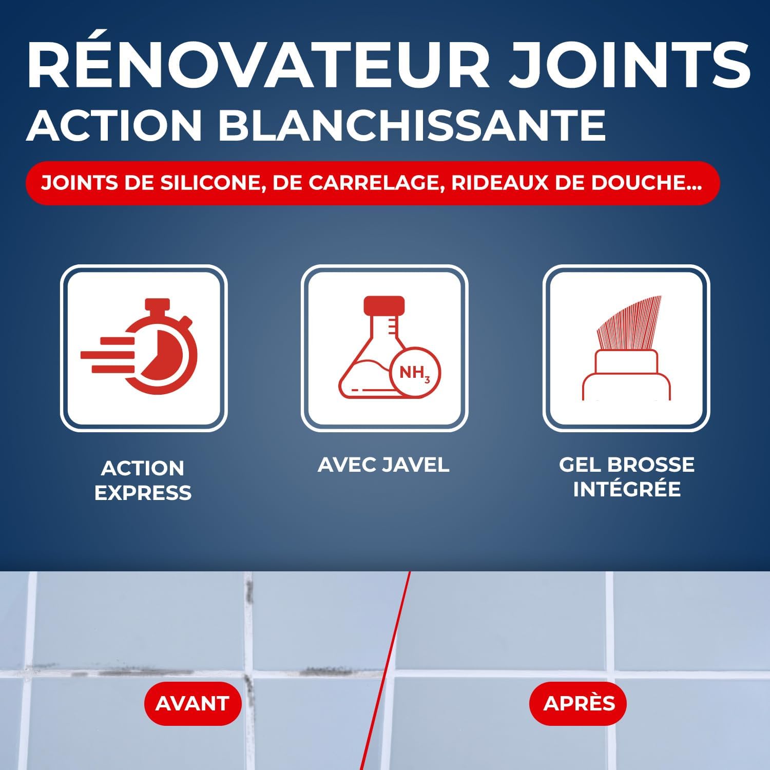 STARWAX Rénovateur joints action blanchissante à la Javel 250ml | Gel avec brosse intégrée, élimine traces noires et moisissures sur joints de carrelage silicone plastique et acrylique Hydrolab France