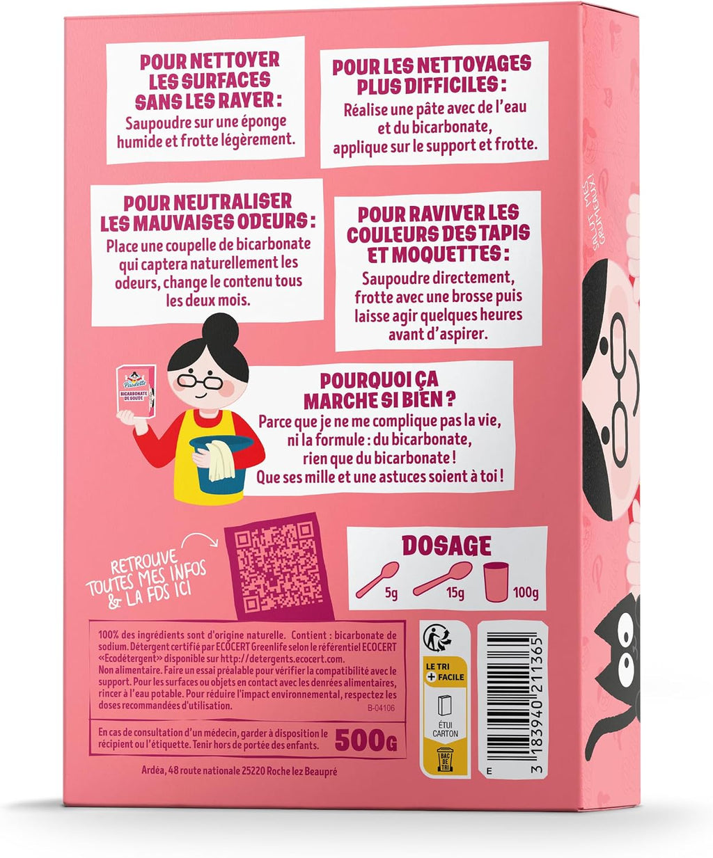 Paulette - Bicarbonate de Soude - Nettoyant Multi-Usage Authentique - 500g | Nettoie, Ravive les Couleurs, Neutralise les Odeurs - 100% d'Ingrédients d'Origine Naturelle - Ecocert - Marque Française Hydrolab France