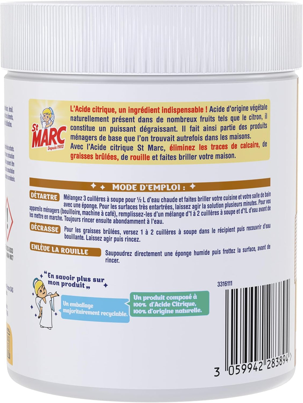 St Marc Acide Citrique Nettoyant Multi-Usage 100% d'Origine Naturelle - 500 g Hydrolab France