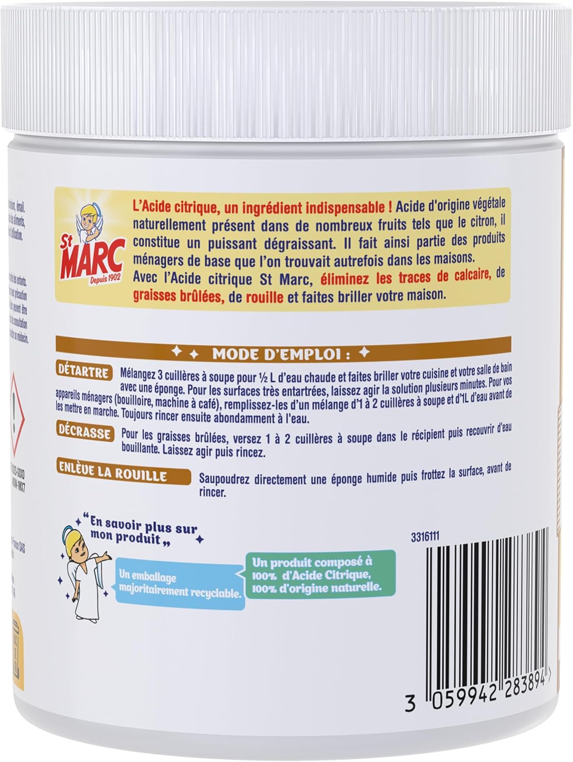 St Marc Acide Citrique Nettoyant Multi-Usage 100% d'Origine Naturelle - 500 g Hydrolab France