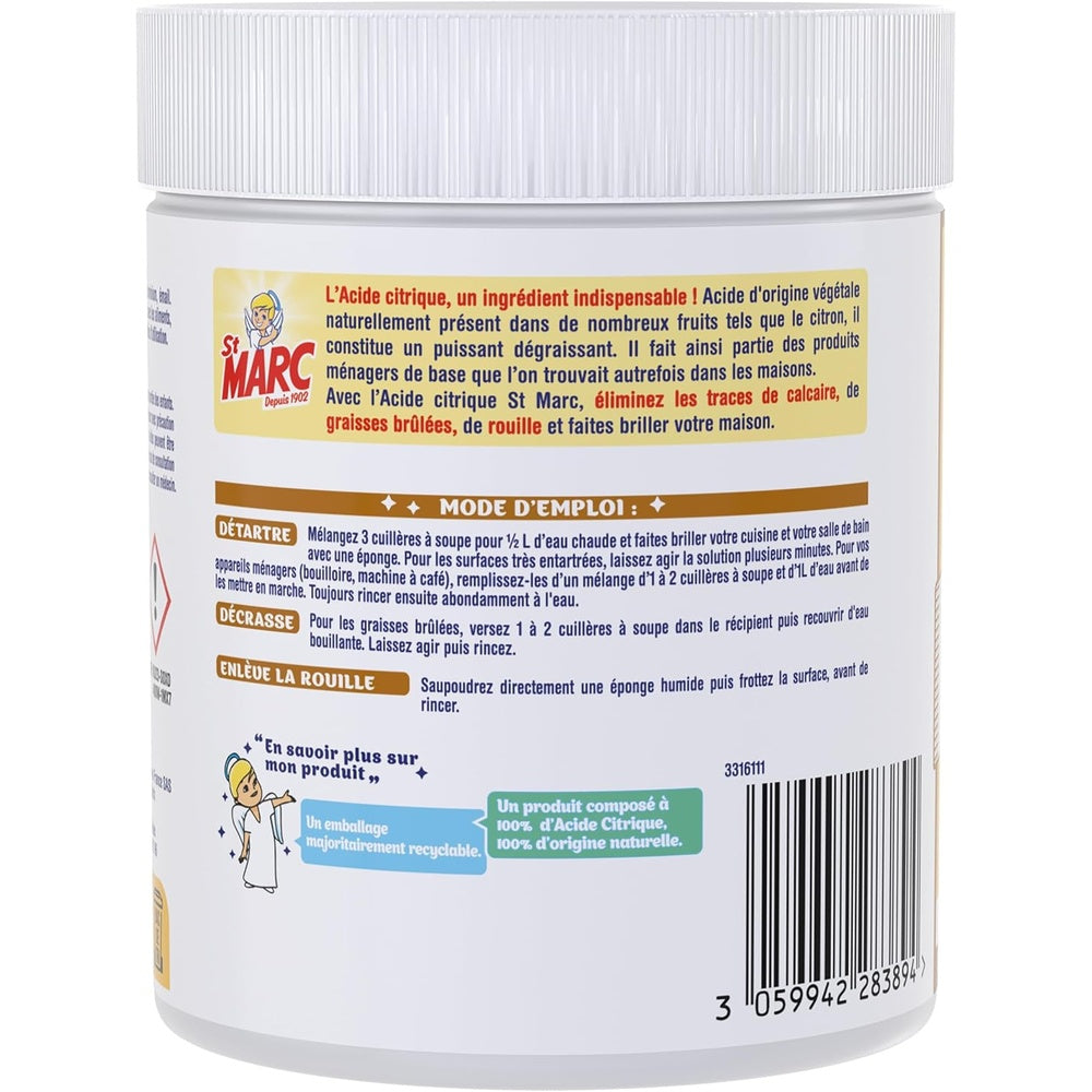 St Marc Acide Citrique Nettoyant Multi-Usage 100% d'Origine Naturelle - 500 g Hydrolab France