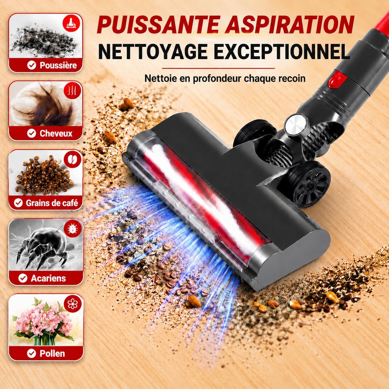 Aspirateur Balai sans Fil, 49 Min / Tube Télescopique / Léger / Filtre HEPA | Aspirateur Balai 4-en-1, 150 W / 2 Vitesses / Brosse LED / Ultra Léger / 1 L, pour Tapis, Sols Durs, Poils d’Animaux,Voiture Hydrolab France