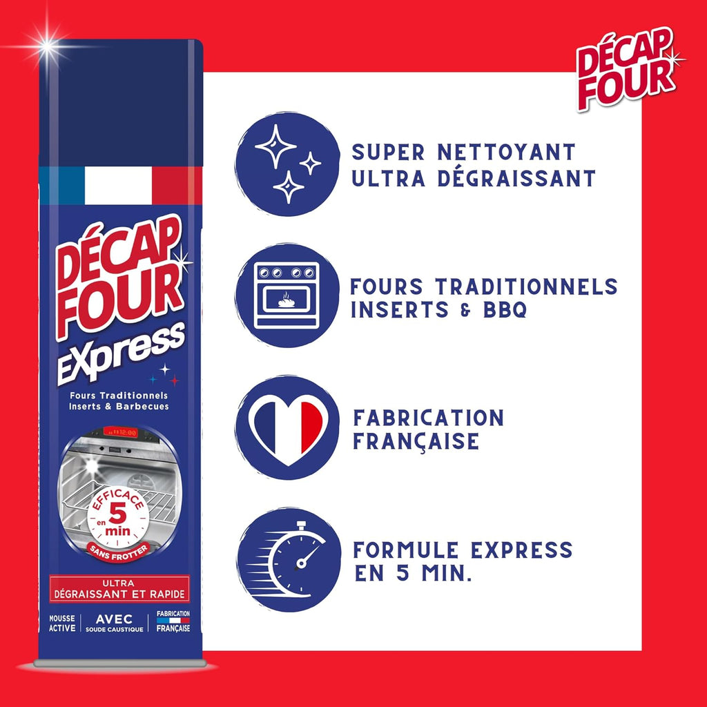 DECAPFOUR Express - Ultra-Dégraissant et Rapide - Mousse Active - Idéal pour Fours Traditionnels, Inserts et Barbecues - Super Puissant - Efficace en 5 min - Fabriqué en France - Aérosol 500 mL Hydrolab France