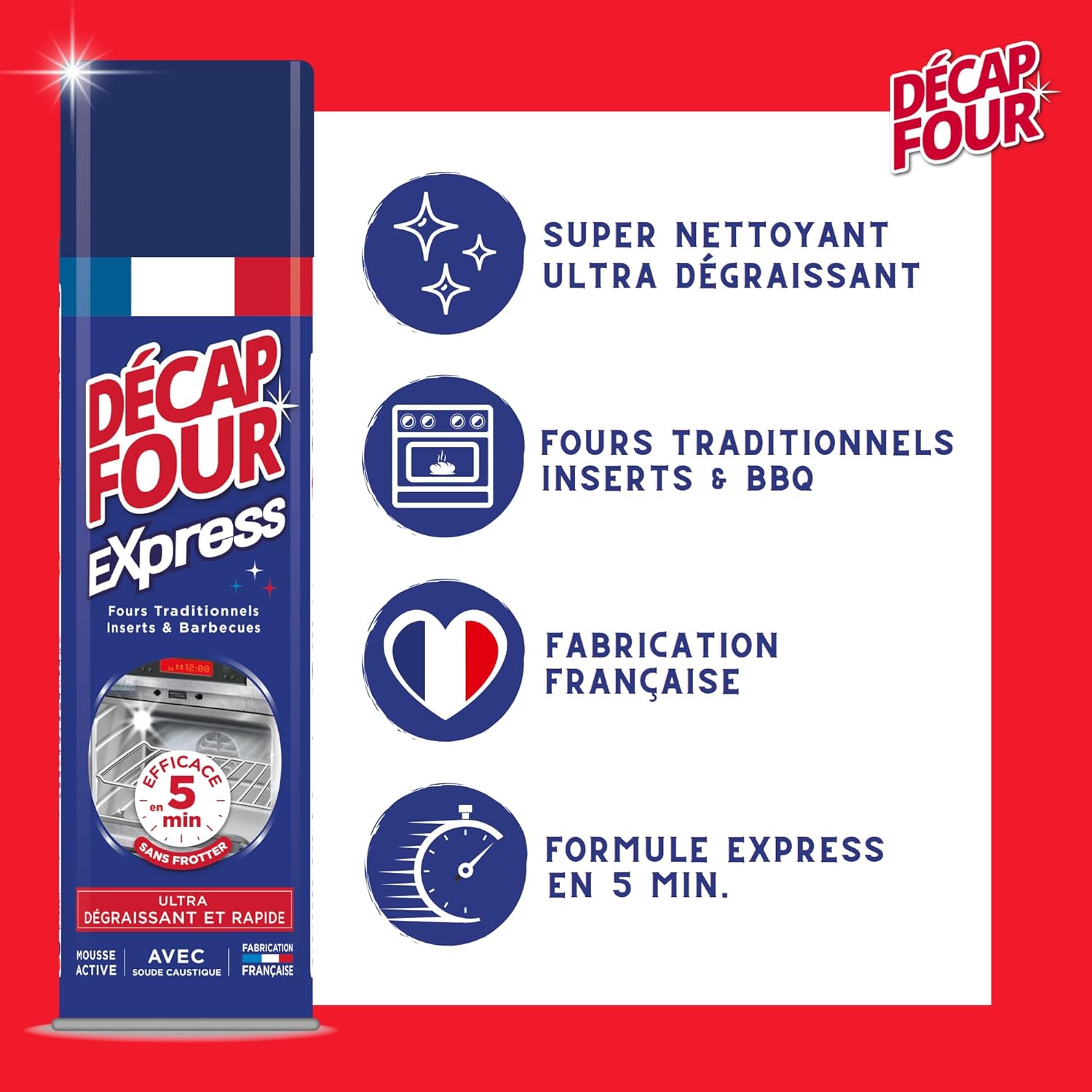 DECAPFOUR Express - Ultra-Dégraissant et Rapide - Mousse Active - Idéal pour Fours Traditionnels, Inserts et Barbecues - Super Puissant - Efficace en 5 min - Fabriqué en France - Aérosol 500 mL Hydrolab France