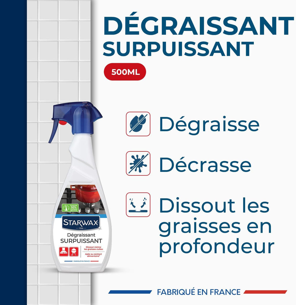 STARWAX Dégraissant surpuissant 500ml | Dissout graisses cuites sur plaques de cuisson hottes plans de travail et carrelage, ne coule pas, apte contact alimentaire Hydrolab France