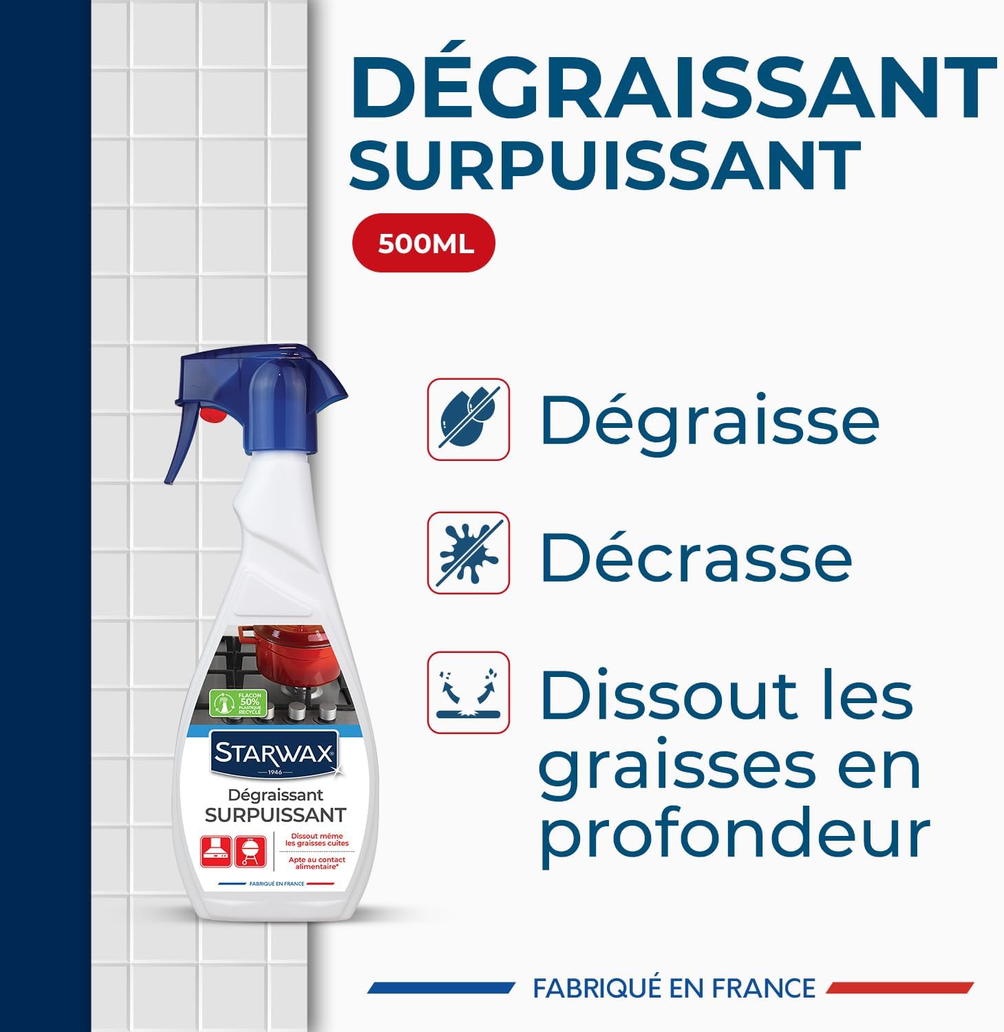 STARWAX Dégraissant surpuissant 500ml | Dissout graisses cuites sur plaques de cuisson hottes plans de travail et carrelage, ne coule pas, apte contact alimentaire Hydrolab France