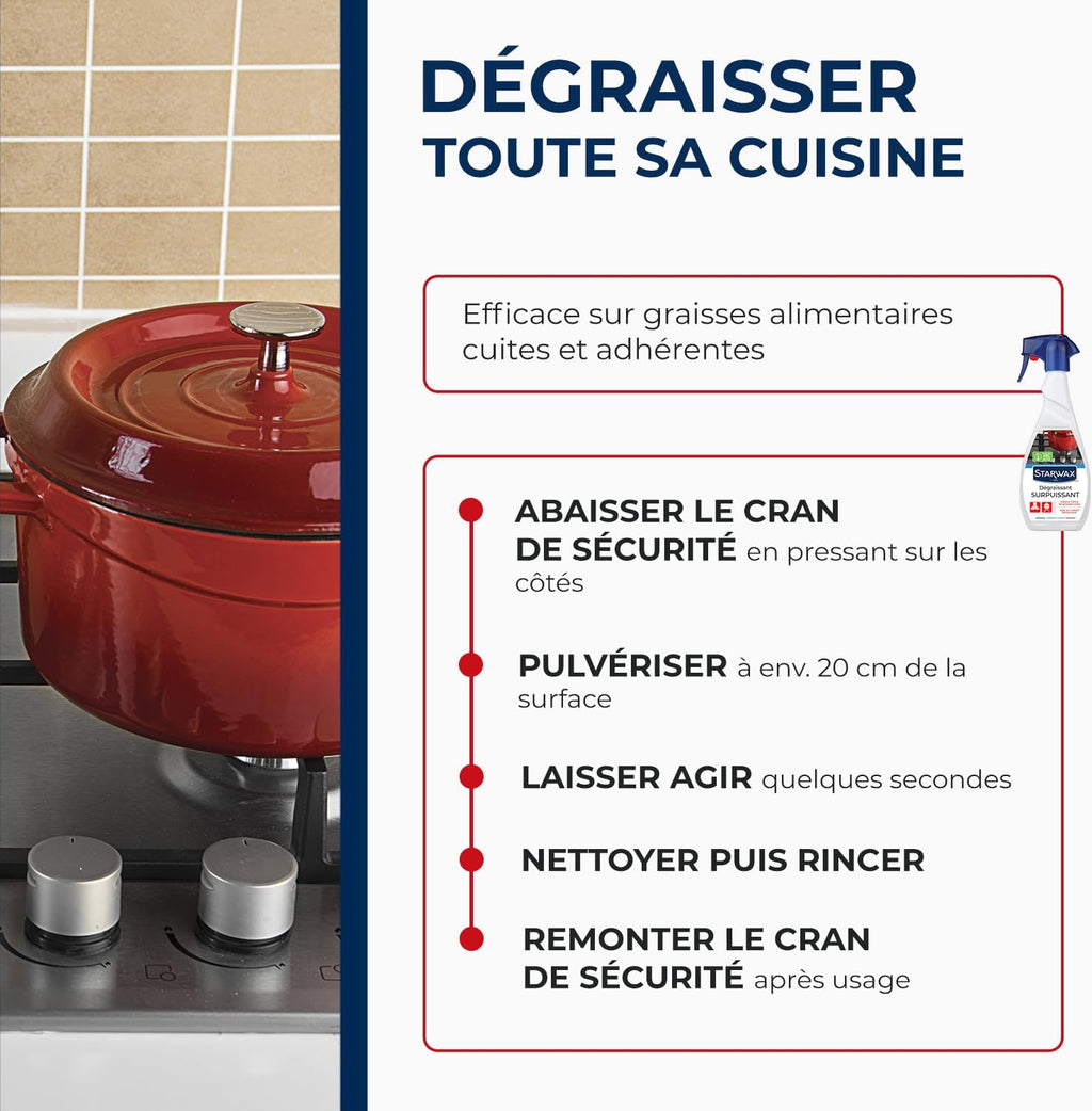 STARWAX Dégraissant surpuissant 500ml | Dissout graisses cuites sur plaques de cuisson hottes plans de travail et carrelage, ne coule pas, apte contact alimentaire Hydrolab France